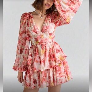 Boho floral print bell sleeve mini dress
